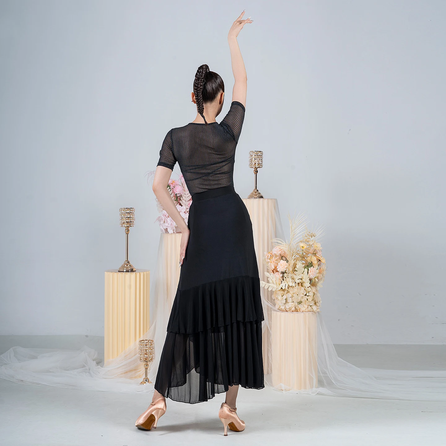 ラテンダンス服社交ダンス衣装セクシーなメッシュカバーオール不規則なスカートワルツダンスパフォーマンスドレス練習着 DNV23879