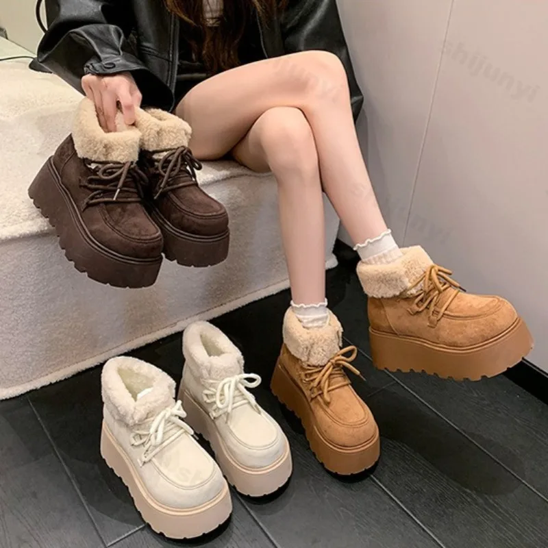 

2025 Winter Women's Vintage Warm High Top Thick Soled Snow Boots Soft Comfortable Non Slip Lace Up Plush Short Tube Cotton Shoes