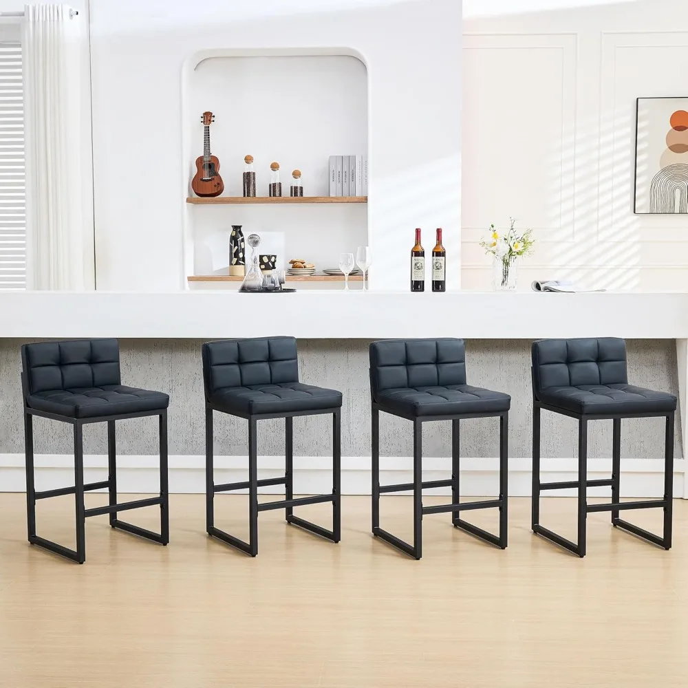 ​​Set of 4 Modern Bar Stools – PU Leather Upholstery,Thickened Metal Legs &  Low Back Design, 26
