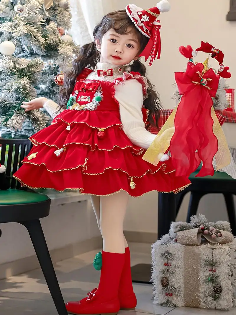 

Красная рождественская пышная юбка в стиле Лолита для девочек, модная праздничная одежда, юбка-миди А-силуэта с высокой талией без рукавов