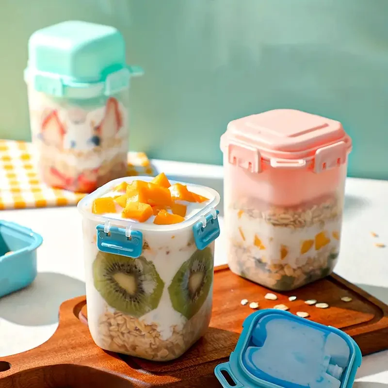 Taza de ensalada de doble capa con rejillas de hielo y estante para condimentos de cuchara, tazas para ensalada de 580ML, taza para yogur y cereales, caja de almacenamiento de alimentos y frutas
