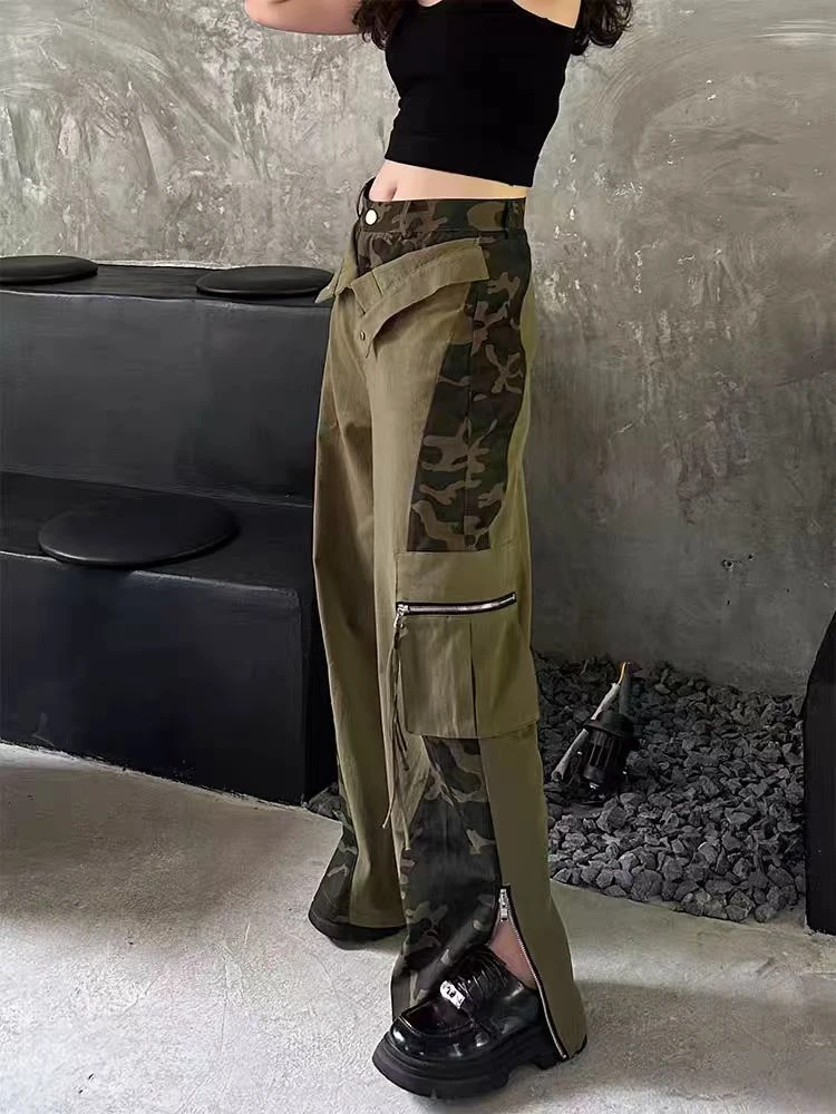 Women's Camouflage Patchwork Design Zipper Casual Pants Cool Girl Street Bottoms Female High Waist Straight Wide-leg Trousers