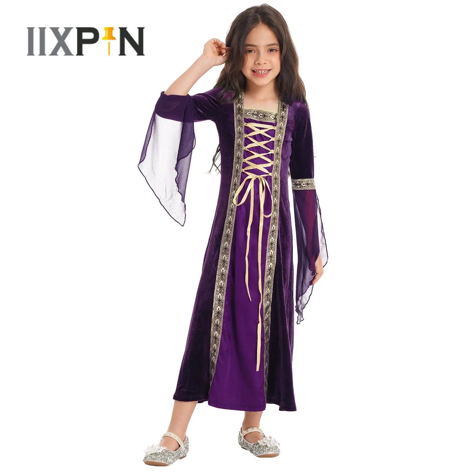 

Kids Girls Renaissance Party Dress Long Sleeve Vintage Royal Court Pattern Embroidered Long Dress Wedding Party Cosplay Dress Up