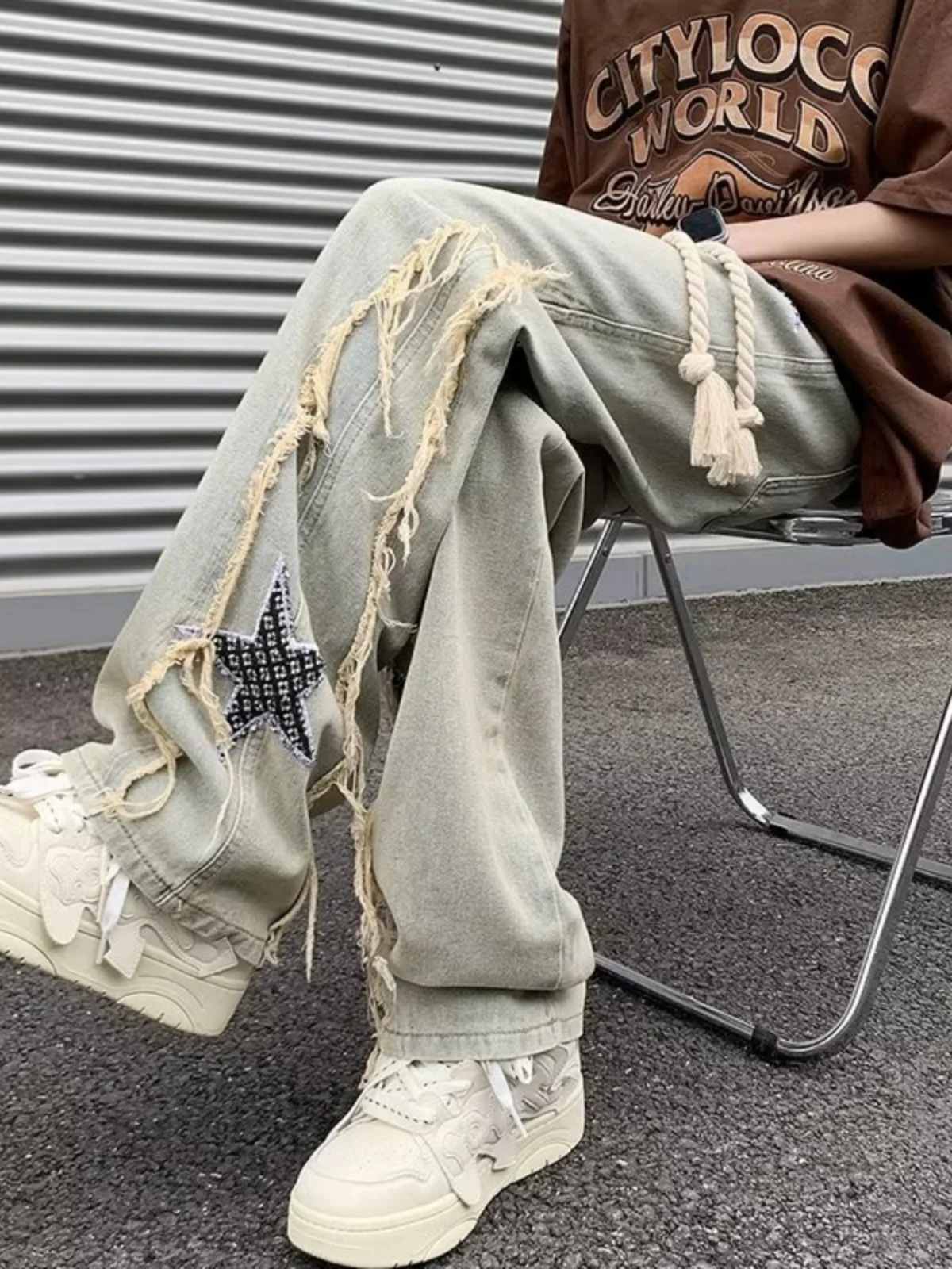 

American Sle Embroidered Jeans Men's Spring Autumn Loose Wide Leg Straight Tube Trendy Brand Vibe Pants Youth Faion