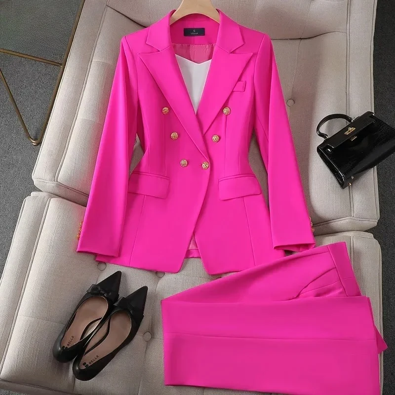 Suit Korean Femme Office Outfits Piece Set Women's Clothing Double-breasted  Blazer Coat High Waist Straight  Pants