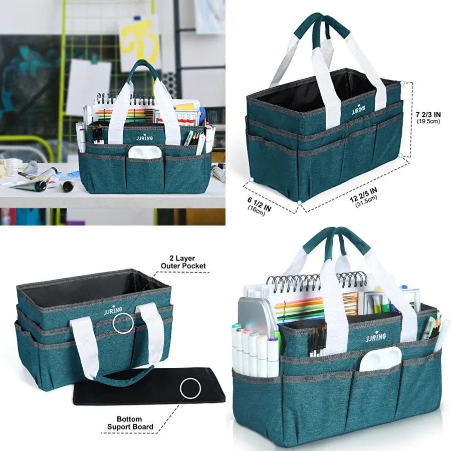 

Craft Organizer Tote Bag for Art Storage Caddy with Multiple Pockets Bluish Green Sewing Bag for Scrapbooking School Medical an