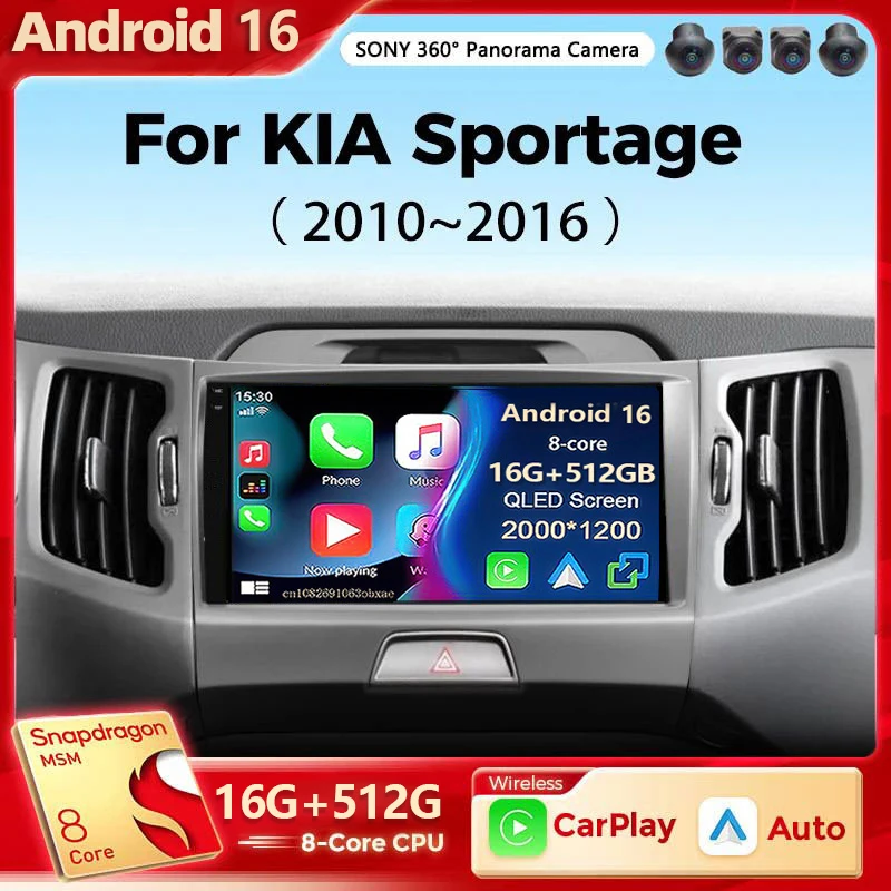 Android 16 Autoradio für KIA Sportage 3 Sportage R 2010-2016 Carplay Multimedia Player Autoradio 4G WLAN Qualcomm Carplay