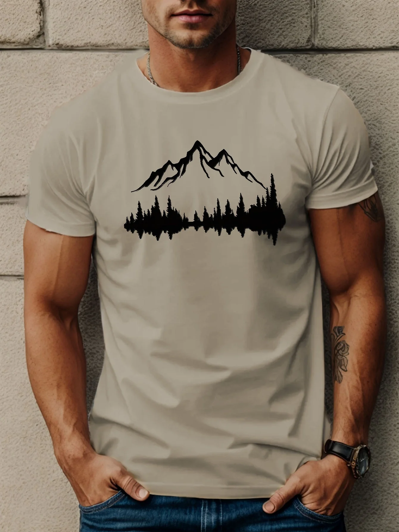 Summer Men's 100% Cotton Casual Loose Large Size Mountains And Trees Printed Sports Comfortable Round Neck Short Sleeve T-shirt image 2
