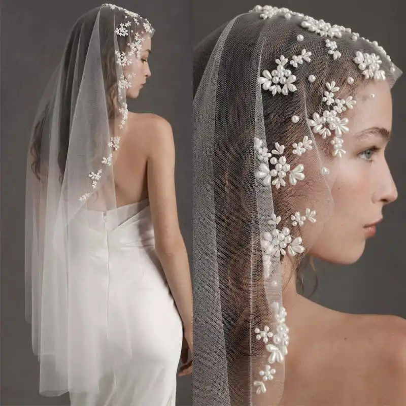 Unique Handmade Wedding Veil Pearls One Layer Long Chapel Length Bride Veils With Comb Bride Voile Customized High Quality
