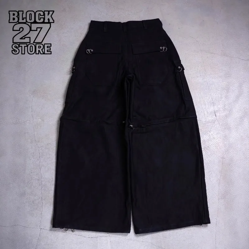 

Мужские джинсы в стиле Харадзюку, уличная мода, с металлическими кольцами, темные готические, повседневные, свободного кроя, широкие штанины, унисекс, модный тренд, новинка