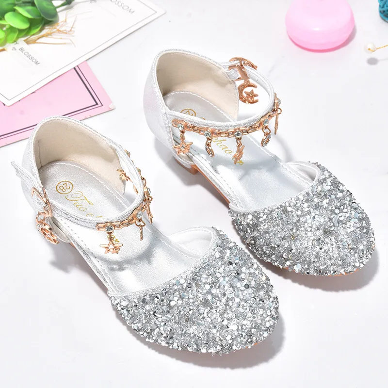 Girls Princess Silver Performance Catwalk Show Children High Heels Crystal Sequin Sandals for Girls Kids Piano Dance Party Shoes