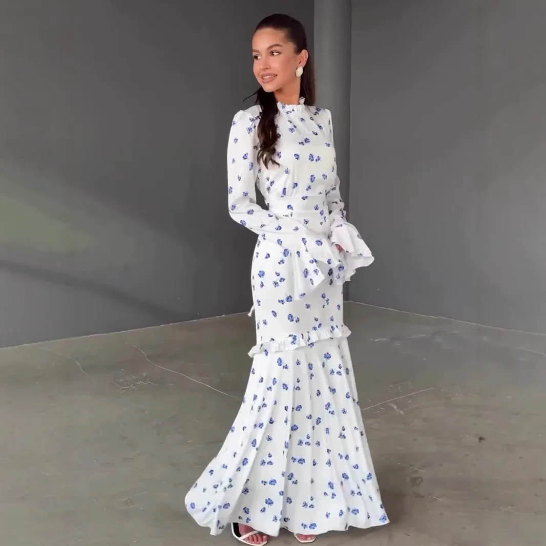 Ele Floral Lace Hem Long Slimming Dr Fre Gentle Sle Spring 2025 Knitted Acetate Fabric High Waist lectual Women