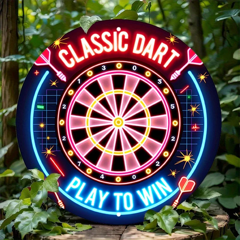 Wooden Sign Classic Dart Play To Win, Retro Neon Style 2D Flat Wooden Sign for Game Room Bar Decor, Vintage Aesthetic Dartboard