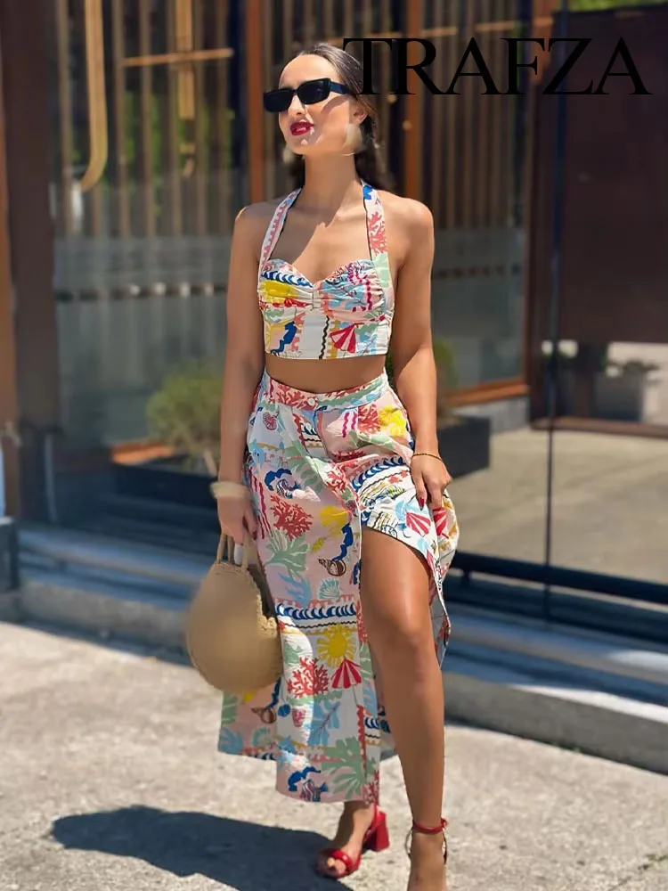 

TRAFZA Women Elegant High Waist Buttons Print Decorate Pleated Skirt Woman Summer Vintage Casual Slim Beach Midi Skirt 2024