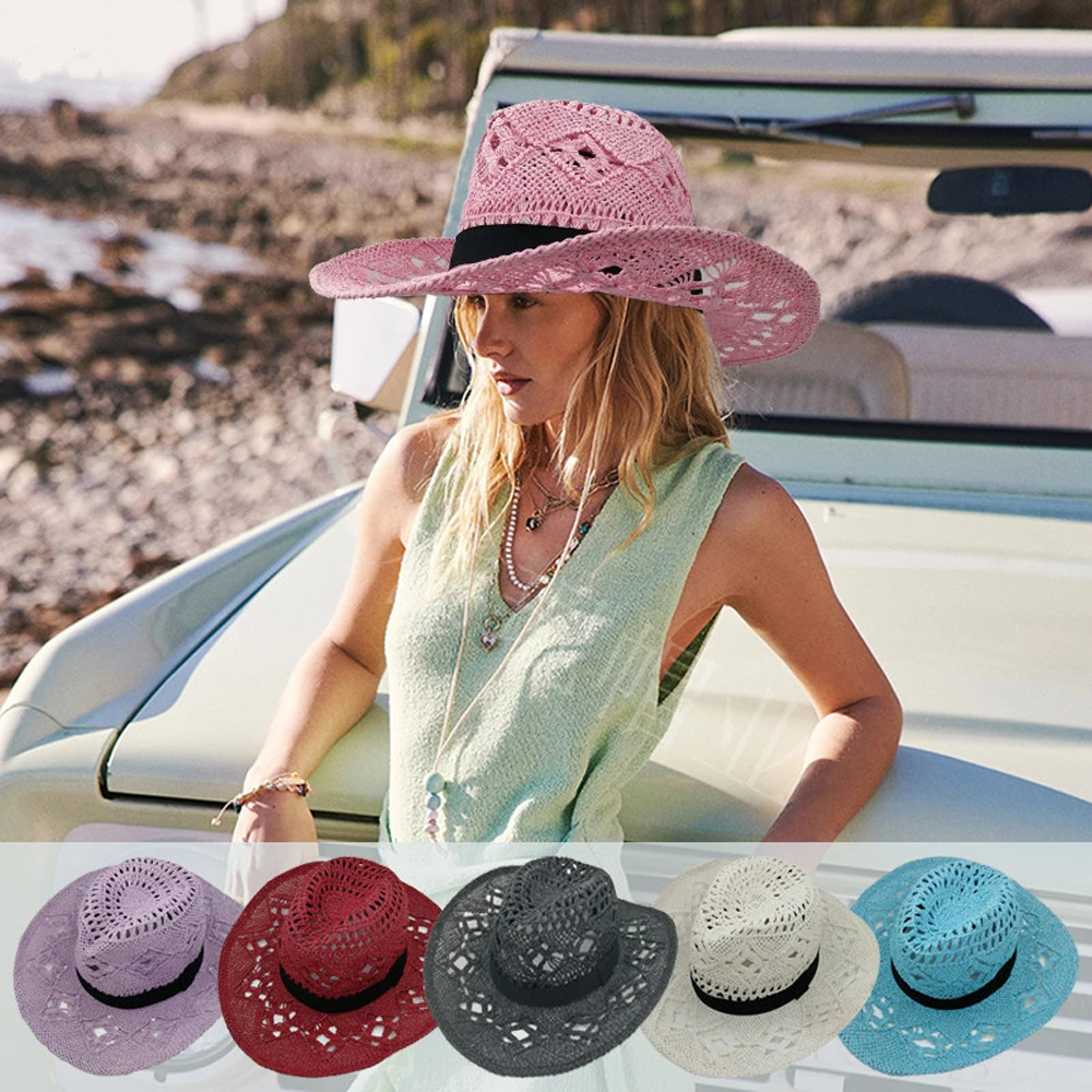 2024 Western Crochet Cowboy Straw Hats for Women Men Solid Color Wide Brim Beach Sun Hat Handmade Hollow Out Cowgirl Cap