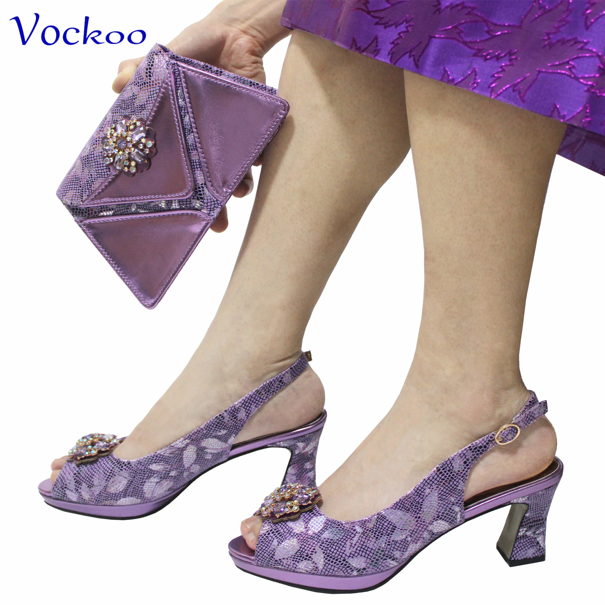 Light Purple Color 2024 Autumn New Design Nigerian Women Shoes and Bag Set with Crystal Appliques for Wedding Party