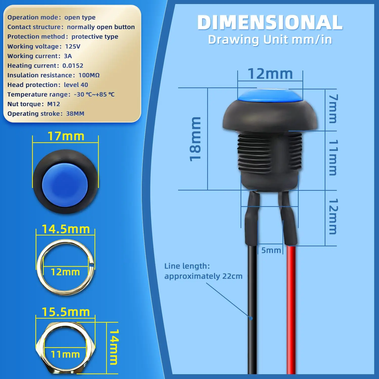 5 قطعة مفتاح بـزر دفع مؤقت 12 مللي متر مفتاح إعادة ضبط ذاتي مقاوم للماء مع أسلاك ملحومة مسبقًا PBS-33B-BK-X