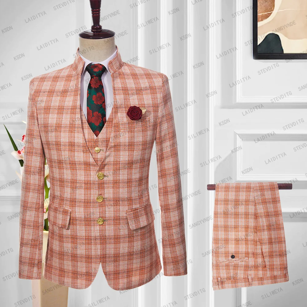 

2023 New Men Suits Stand Collar Business Wedding Linen Tangerine Striped Grid High Quality Slim Fit 2 Pcs Set Jacket Pants