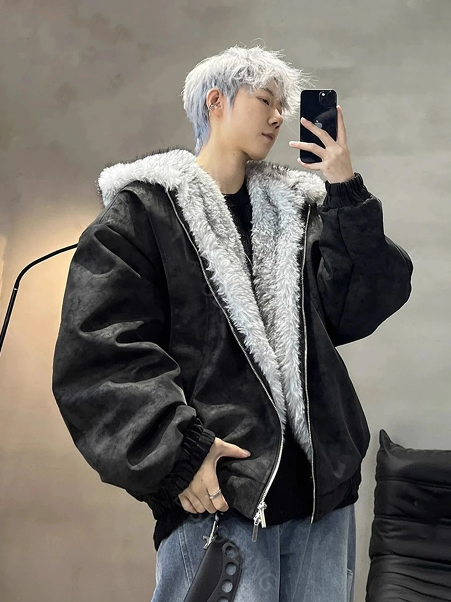 Abrigo de Invierno para Hombre Wolf King Mountain Eagle con Cuello de Plumas, Chaqueta de Algodón con Capucha, Abrigo de Trabajo