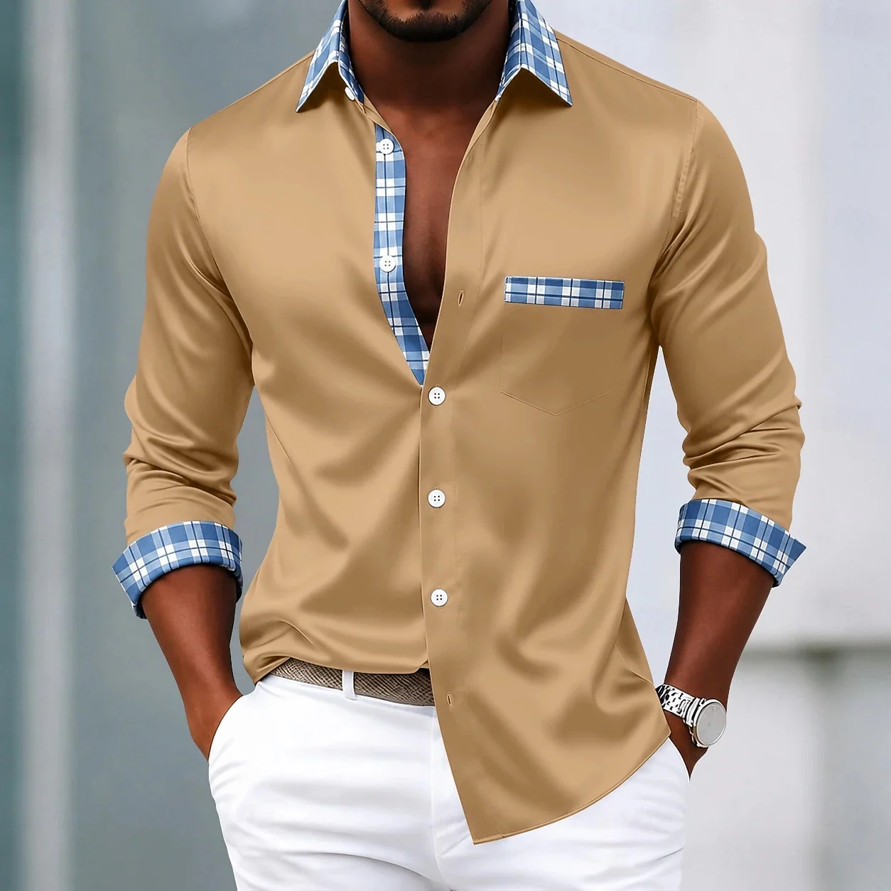 2026 Men's New Checkered Splicing Printed Long Sleeve Collar Pocket Shirt, Street Fashion Business Casual Satin Men's Wear