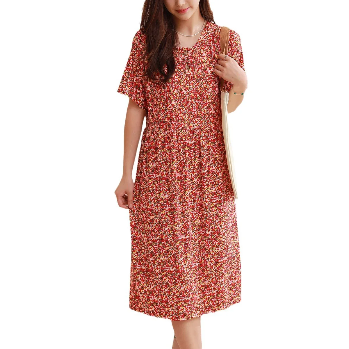 Summer Ladies Nightdress Floral Dress New Nightdress Loungewear Middle-Aged and Elderly Short Sleeve Long Skirt Loungewear