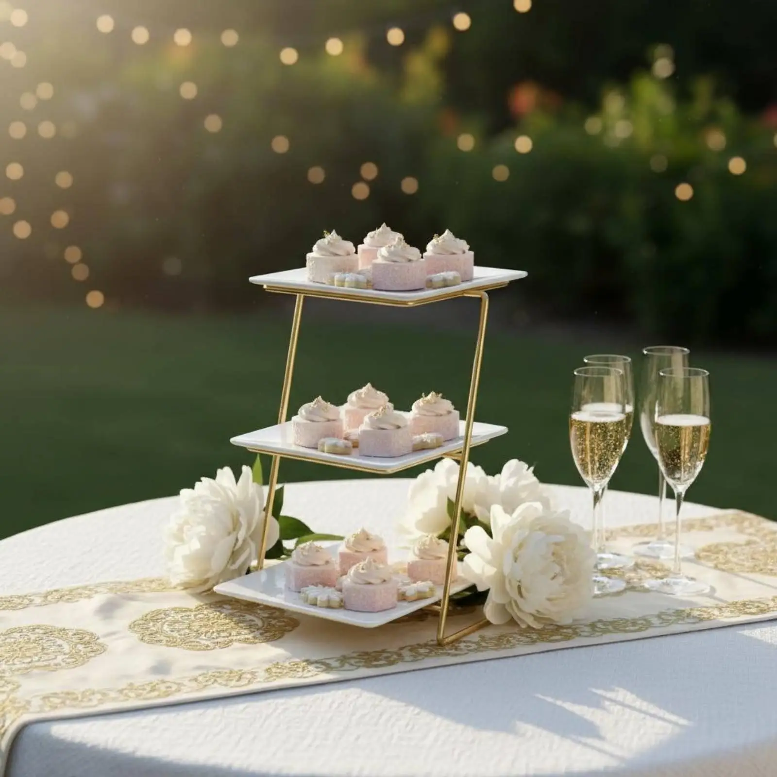 Présentoir à gâteaux vintage en céramique blanche et fer doré à 3 niveaux, plateau de service pour pâtisseries et cupcakes, centre de table pour mariage et fête