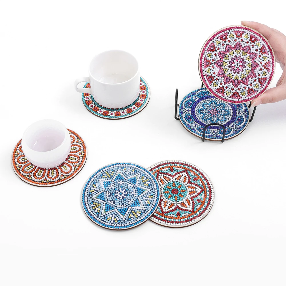 

6 Pcs Diamond Art Painting Coasters Bohemia Style Painting Mats Coasters Kit With Holder DIY Mandala Coasters For Drinks