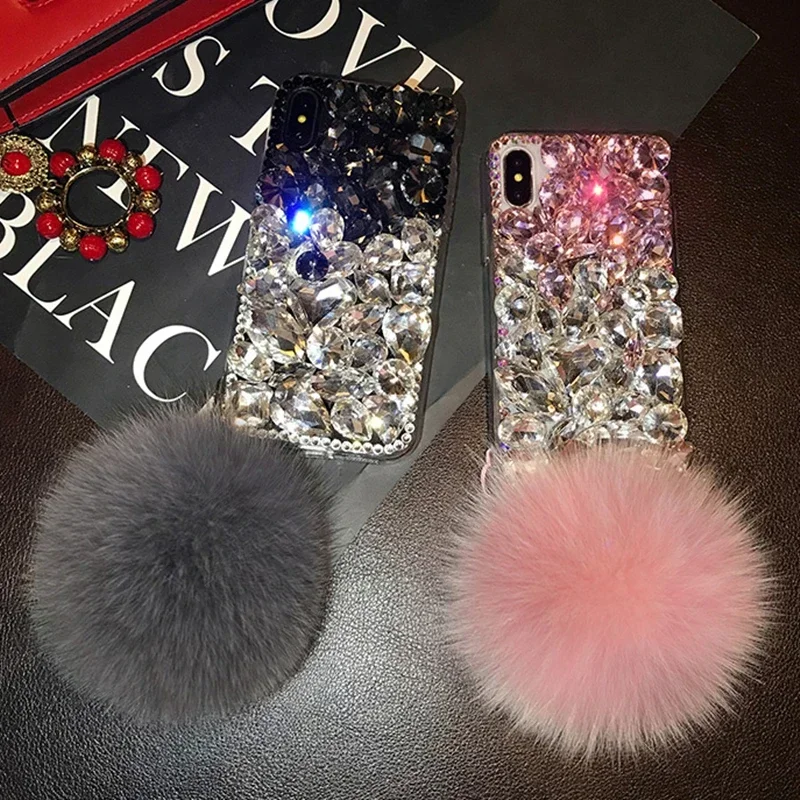 For Samsung Galaxy S23 S22 Ultra S21 S20 S10 S9 Plus Note20 Case Women Rhinestone Bling Crystal Diamond Cover With Fox Fur Ball