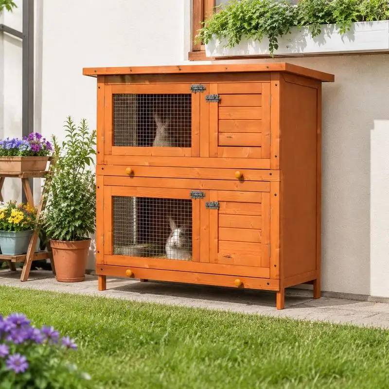 Clapier à lapin à double niveau avec plateaux coulissants, 4 portes verrouillables, toit ouvrant, 90L x 45L x 90H cm