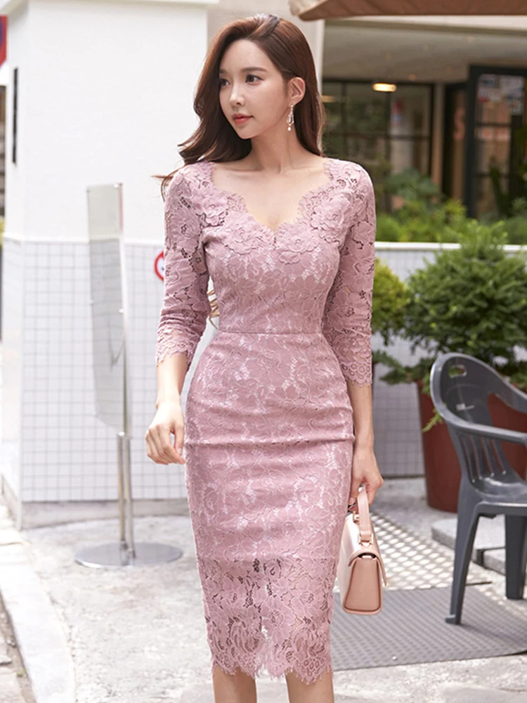 Maglia lunga in pizzo primaverile Sve Slim Fit V-ne Dr Elely da donna che attenta la vita di fascia alta di lusso Faion Commute Sle Poliestere