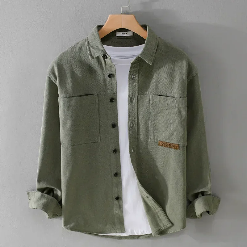 

American Style Cargo Shirts Men Retro Streetwear Mens Long Sleeve Dark Gray Shirt with Pockets Casual Pure Cotton Men's Clothing