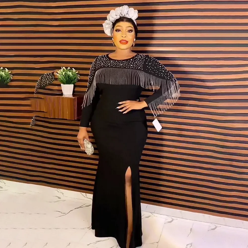 

Plus Size African Party Long Dresses for Women Tassel Beads Dashiki Ankara Africa Clothing Elegant Turkey Mermaid Evening Gowns