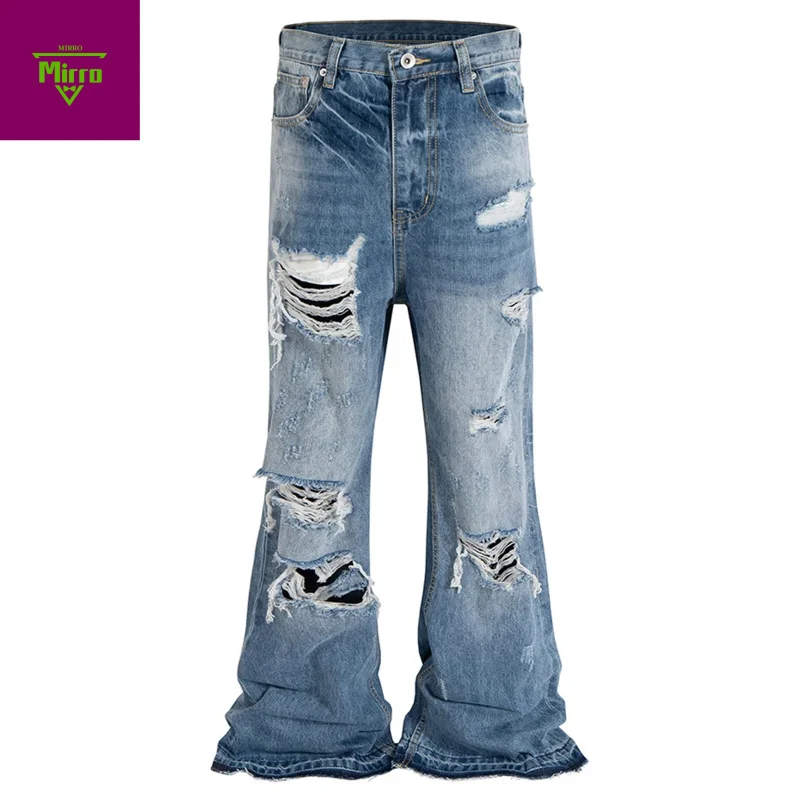 【Mirrordust】 بنطال جينز أزرق ممزق متوهج على الموضة من قماش الدنيم فضفاض فاخر مصمم ملابس الشارع بنطلون جينز #1