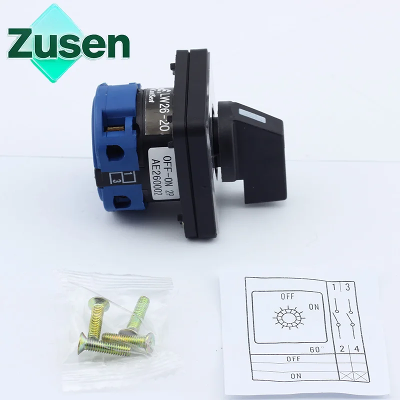 Zusen LW26-20 on/off  440V Ui 660V 20A Rotary Cam Switch 2 Position 2 Poles 4 Terminals