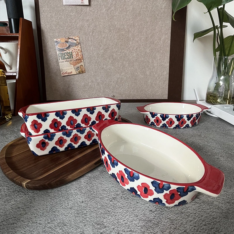 مستطيلة البيضاوي خبز عموم مع مقبض السيراميك طبق الخبز تحميص Lasagna عموم المطبخ سلطة الجبن خبز عموم