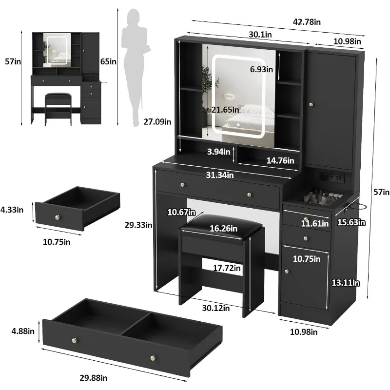Mesa de vaidade com espelho, luzes e estação de carregamento, penteadeira com tampo de vidro de 3 gavetas e armário de joias