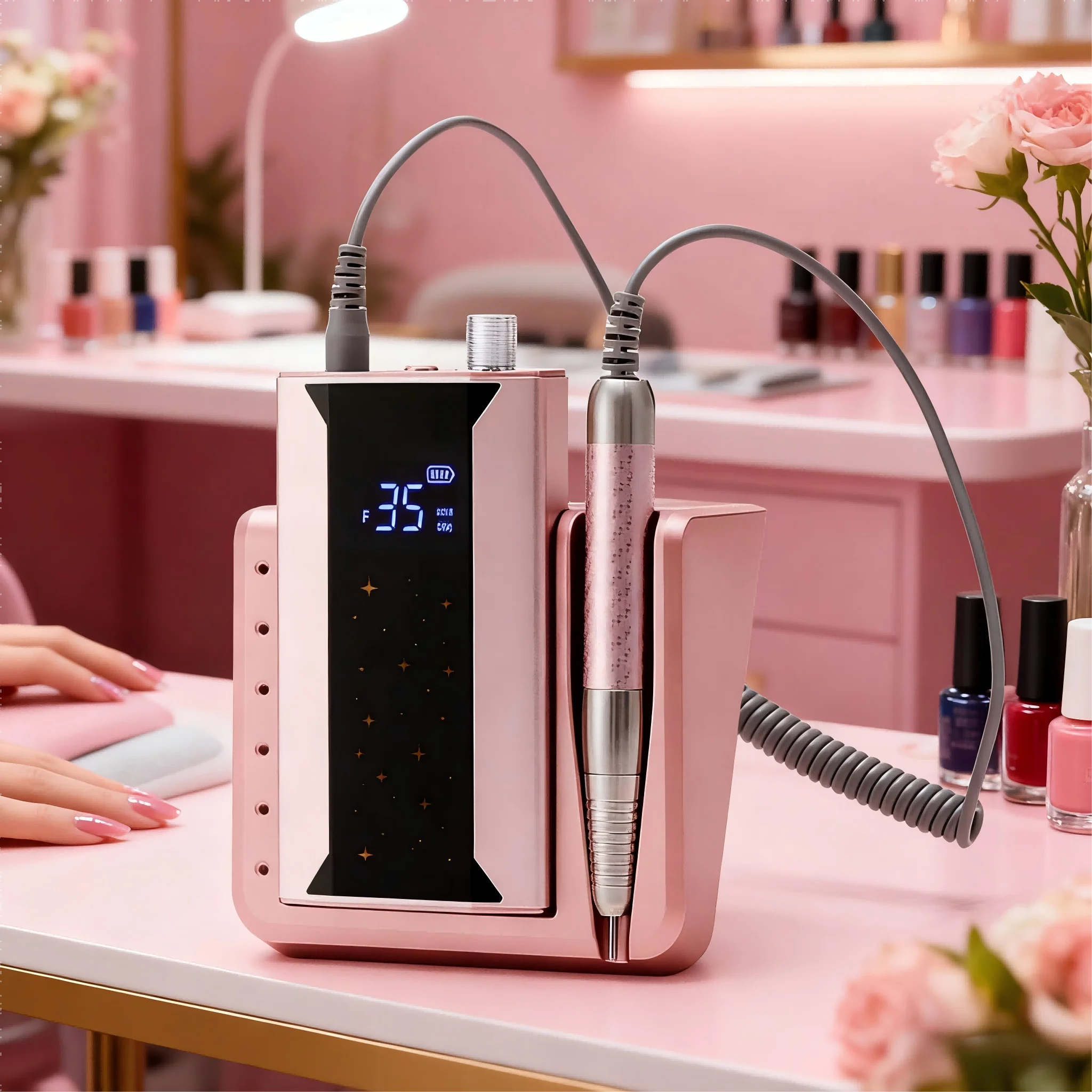 Leistungsstarker 85-W-Akku-Nagelbohrer ohne Bürsten, langlebiger Nagelbohrer mit 40.000 U/min und standmontiertem Nagellackfüller