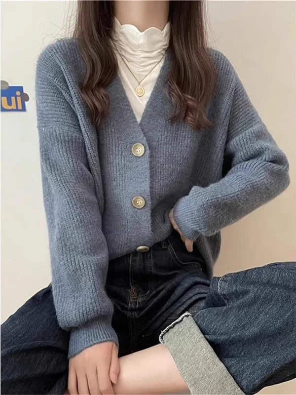 Elegant V-Neck Long Sleeve Knitted Open Cardigan Coat Loose Fit Fashionable Winter Outerwear for Women High-End Brand New 2026