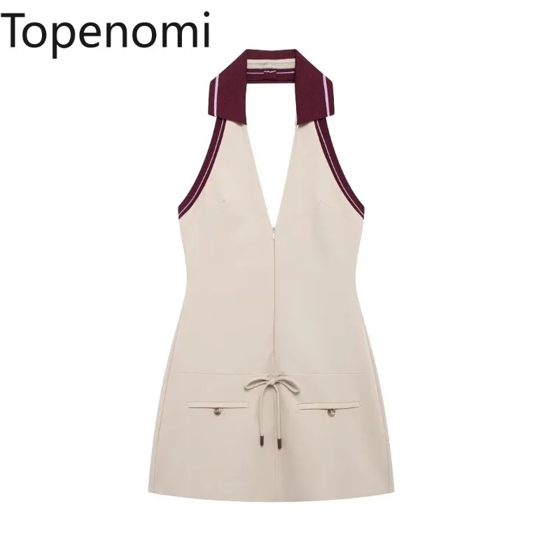 Topenomi Spring Summer Sexy Halter Dress Women Backless Front Zip Sleeveless Sheath A Line Mini Dresses Fashion Party Vestidos