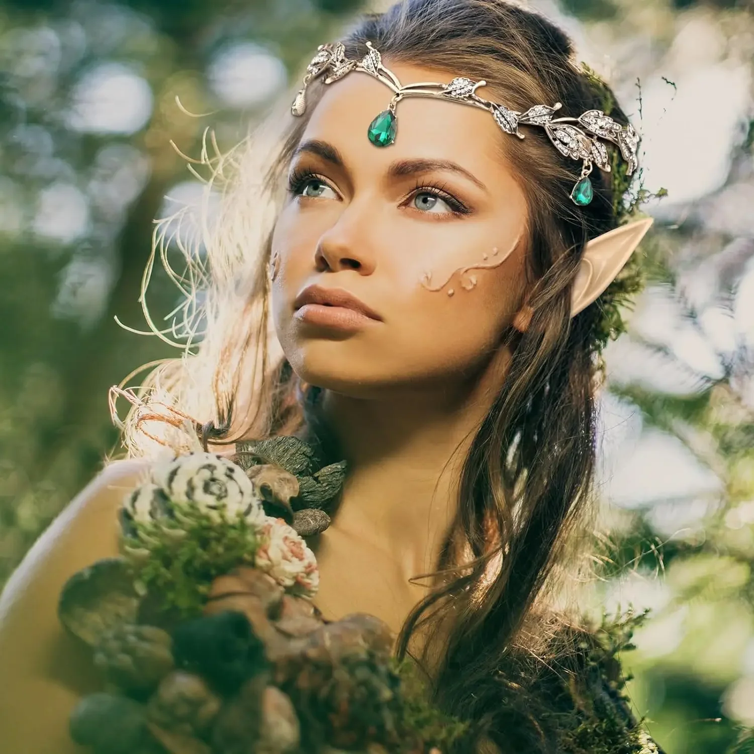 Fairy Tiara for Women Rhinestone Fairy Pixie Elf Ears Headpiece Crown Sets for Halloween Medieval Elf Fairy Cosplay