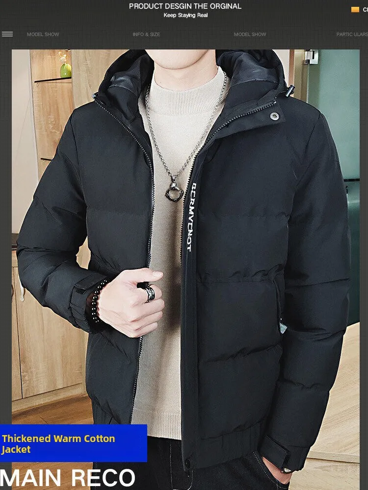 

Warmth Men's Winter Cotton Jaet Thiened down Feather Hooded Coat Versatile Outerwear Youth Faion Casual Zipper Closure
