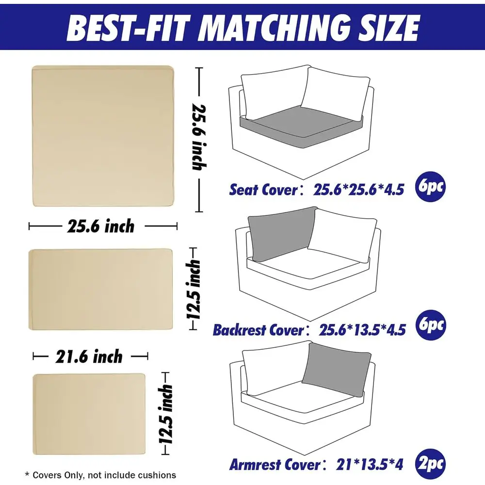 Set Bantal Teras Luar Ruangan 14 Buah untuk Furnitur Seksional 6 Kursi - Penutup Tahan Air Warna Beige