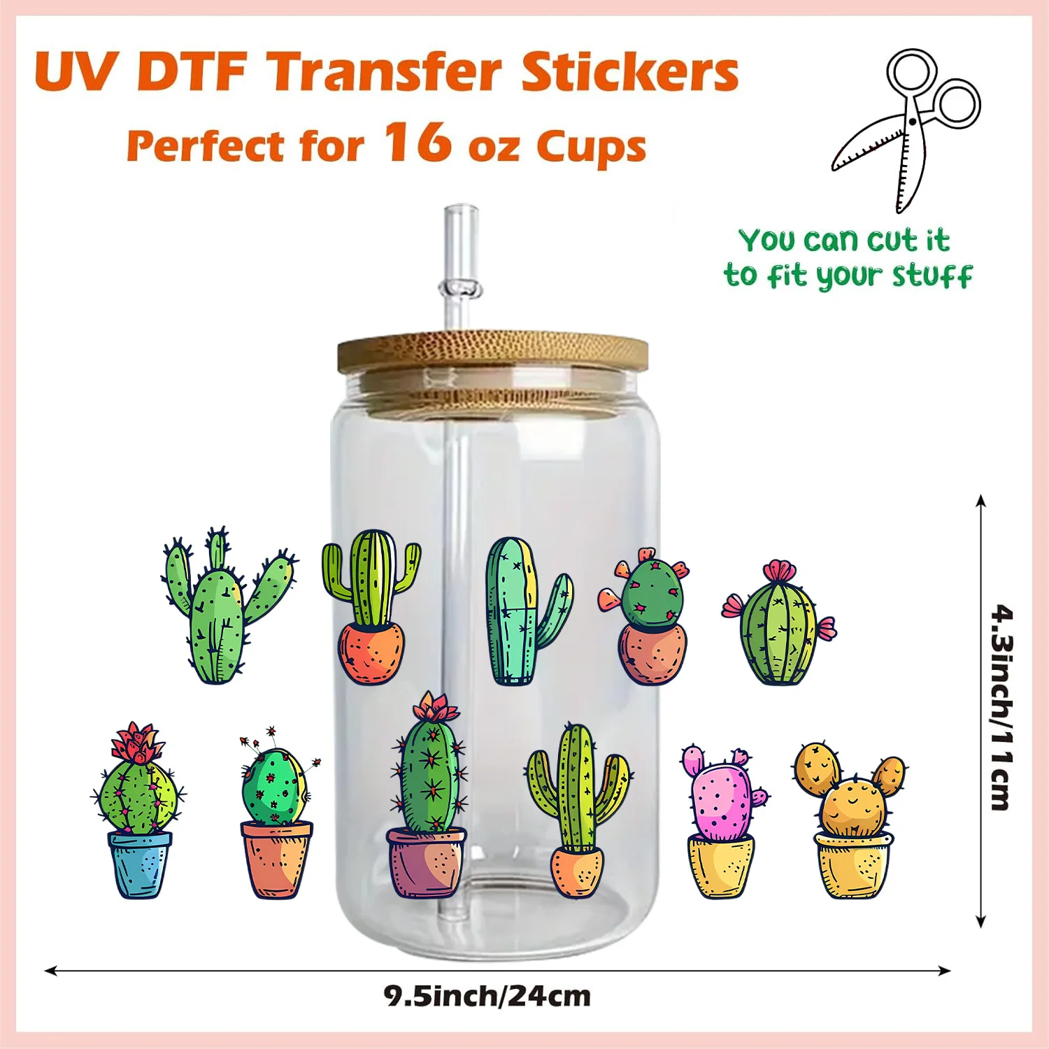 

Cactus series Easy peel waterproof DIY Decals 3D transfers uvdtf crystal stickers 16oz uv dtf cup wraps for Glass