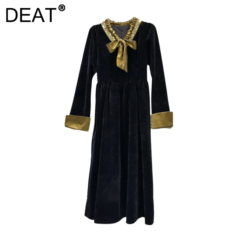 DEAT Women's Dresses Velvet Long Sleeve V-neck Gold Bow Waist A-line Elegant Slim Long Dress 2024 New Fashion Winter 11A02143