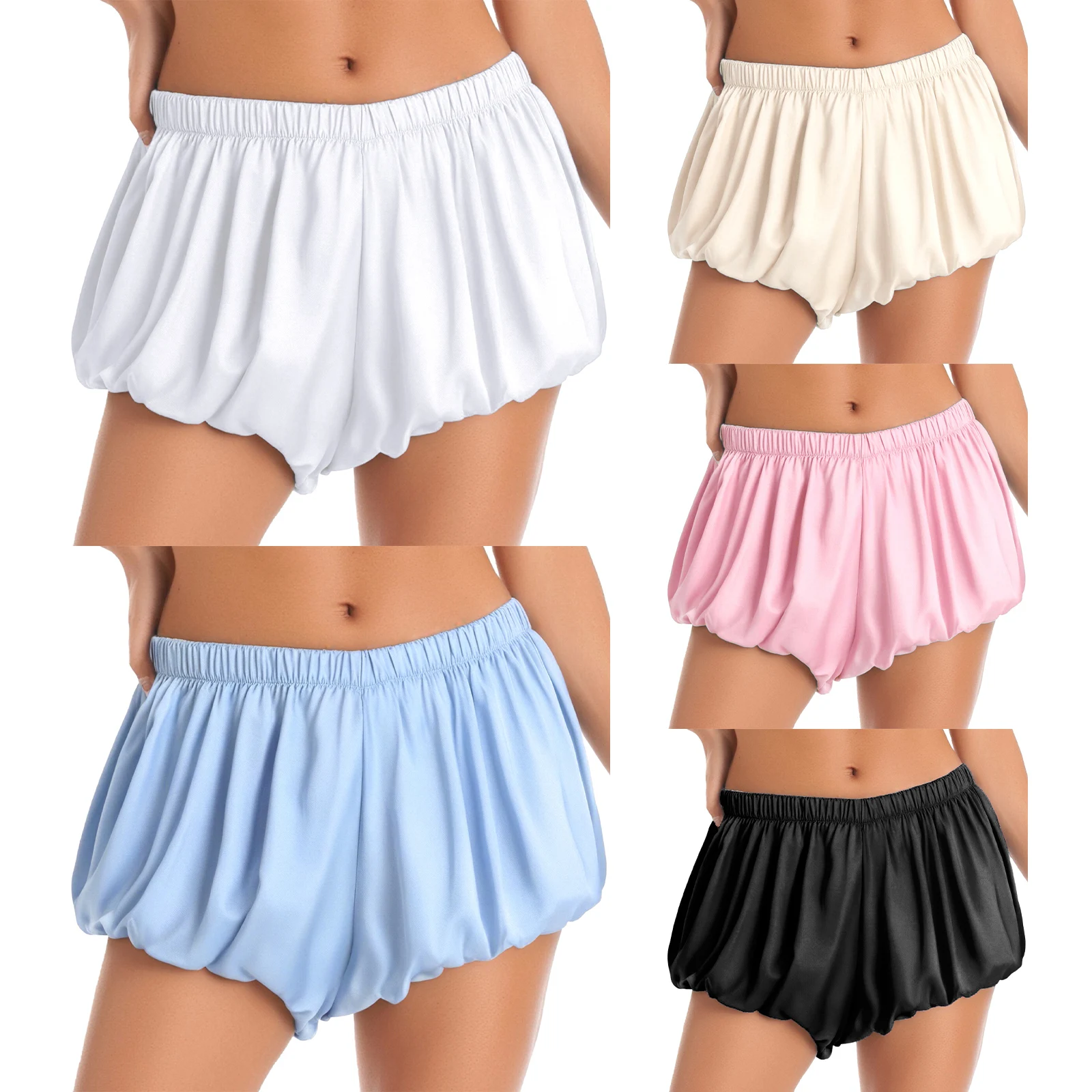 レディースサテンバブルショーツカジュアルソリッドカラーローライズ弾性ウエストカボチャショーツパフショーツアンスコロリータドレス用