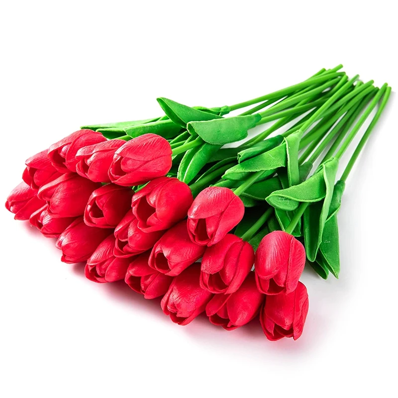 20Pcs Tulips Artificial Flowers Real Contact Feel Red Tulips For Party Home Wedding Decoration(Red)