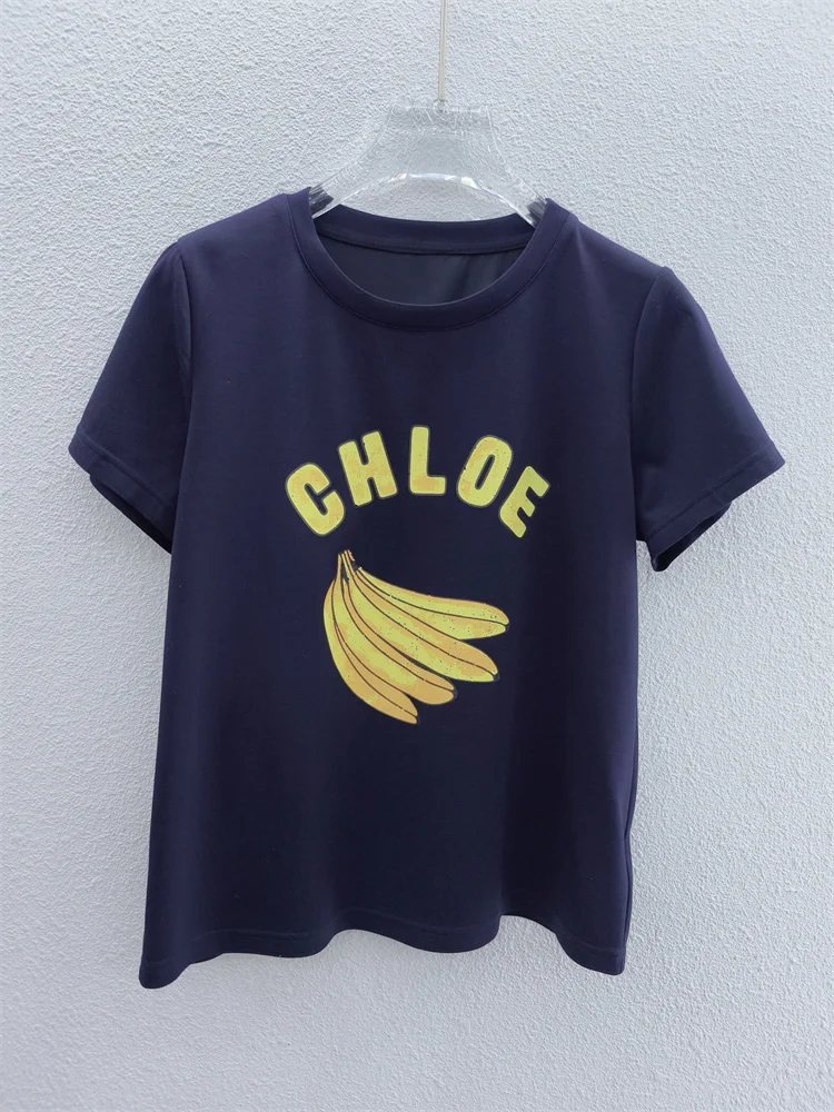 

Spring Summer Faion Simple Banana Letter ort Sve Women's Slim Fit Air Cotton Versatile Top round Ne ort Length
