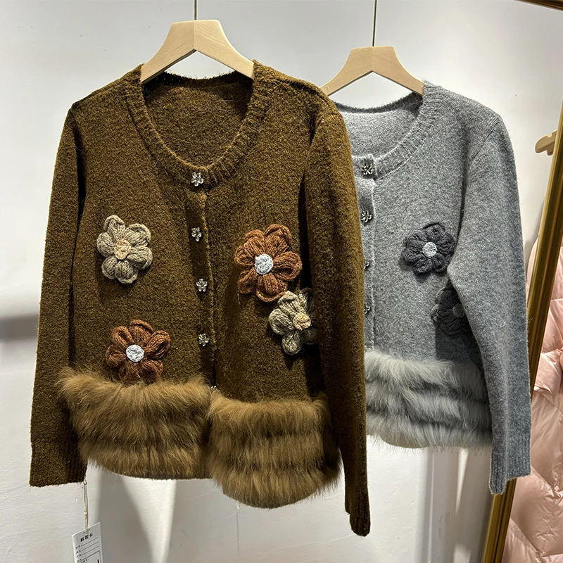 2025 여성 겨울 두꺼운 리얼 폭스 퍼 여성 패션 가을 스웨터 니트 싱글 브레스티드 코트