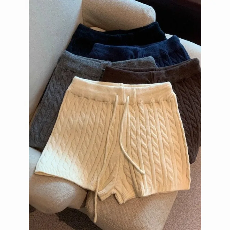 Vintage Twists Knitwear Shorts for Women Casual Outerwear Short Pants 2026 Spring Elastic Drawstring Bottoms Streetwear Pants