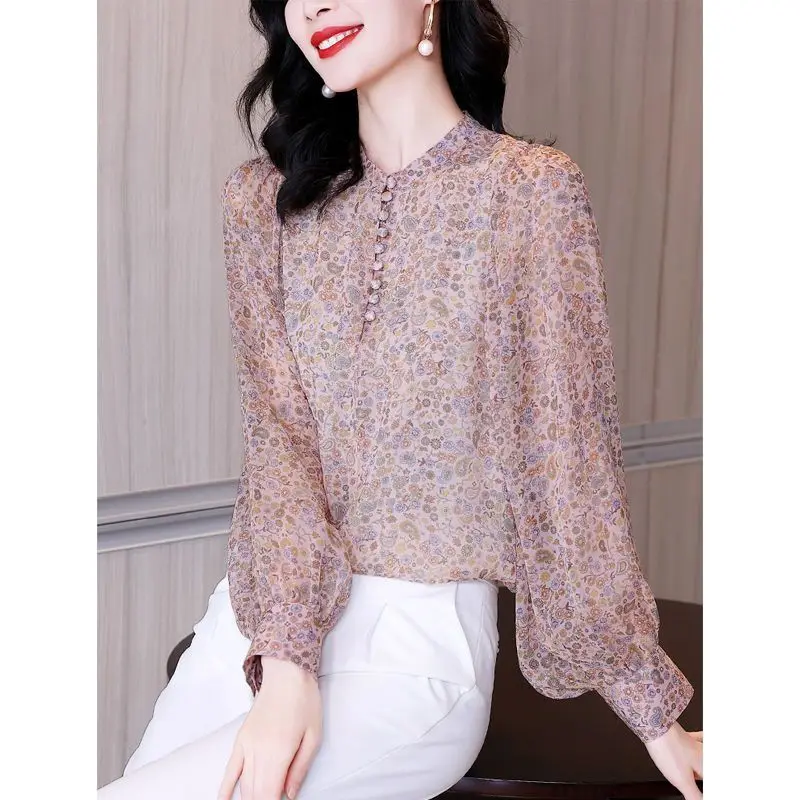 Women\'s 2024 Autumn New Splicing Stand Collar Button Printed Fashion Loose Lantern Sleeves Casual Long Sleeves Blouses Shirts